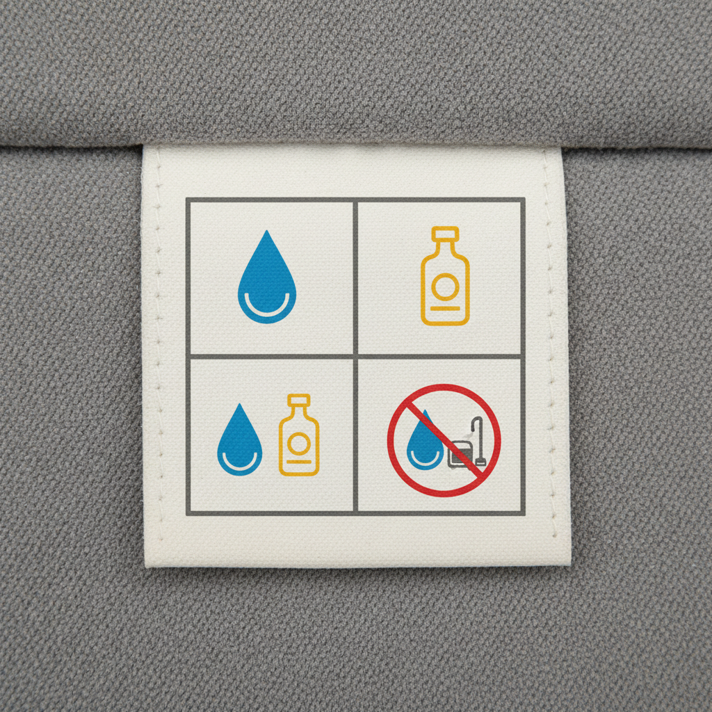 A clean, modern infographic style illustration depicting a close-up of a microfiber sofa's care label. The label prominently displays four distinct sections, each representing a cleaning code: W, S, W/S, and X. Each code is accompanied by a simple, universally recognizable icon – a water droplet for 'W', a solvent bottle for 'S', both a water droplet and solvent bottle for 'W/S', and a crossed-out liquid/vacuum icon for 'X'. The overall composition should be clear, informative, and visually distinct, helping readers quickly understand the care instructions.