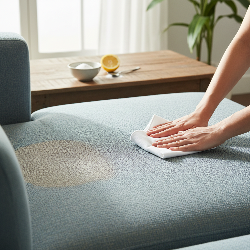 A vibrant, professional lifestyle photograph depicting a comfortable sofa in a bright, inviting living room. One side of the sofa shows a small, subtle stain or a slightly muted fabric texture, representing the 'before.' The other side of the sofa is visibly clean, fresh, and the fabric appears revitalized, representing the 'after.' In the foreground, a pair of hands gently dabs a clean, white cloth onto the clean section, implying the cleaning process. Nearby, a simple arrangement of natural 'Hausmitteln' like a small bowl of baking soda and a lemon are subtly blurred in the background, hinting at their use without being the main focus.