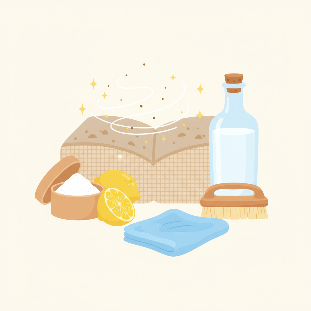 A clean and bright flat illustration depicting an array of natural home cleaning remedies arranged neatly around a stylized cross-section of sofa upholstery fabric. Prominently featured are a small, open container of baking soda, a fresh lemon cut in half, a clear bottle of white vinegar, and a soft-bristled brush. A clean, absorbent microfiber cloth is also shown. The sofa fabric cross-section visually suggests the lifting of dirt particles or a refreshing effect, perhaps with sparkling elements around it, emphasizing cleanliness and effectiveness of these simple household items.