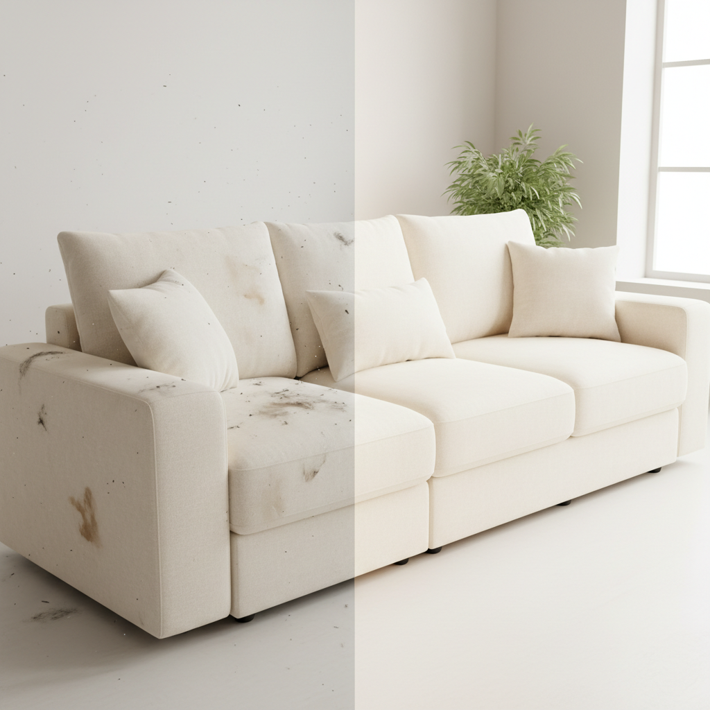 A professional photo showcasing a luxurious, light-colored sofa split vertically or diagonally into two distinct halves. One half should appear visibly dirty, with subtle dust motes, a few pet hairs, and faint, undefined smudges suggesting general grime and wear, creating a slightly dull and uninviting look. The other half should be pristine, bright, and impeccably clean, with a fresh, plush appearance, conveying comfort and hygiene. The overall ambiance should suggest transformation and well-being.