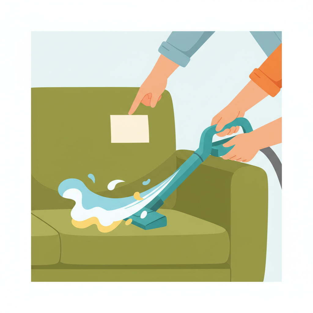 A vibrant flat illustration in a modern, clean style. The scene depicts a close-up of a person's hands using a vacuum cleaner attachment (like an upholstery tool) to meticulously clean a sofa cushion, showing abstract dust particles being lifted away. In the background, a person's hand is visible subtly pointing to or examining a fabric care label on the underside of the sofa, implying the research phase without any discernible text on the label itself. The focus is on the active steps of preparation and initial cleaning, using bright, friendly colors.