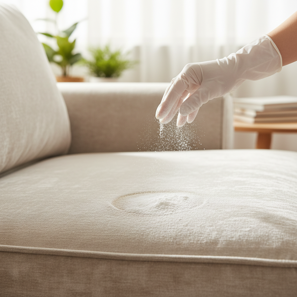A vibrant, professional close-up photograph capturing the act of cleaning a plush fabric sofa. A hand, wearing a subtle white glove, gently sprinkles white baking soda powder onto a small, visible stain or a slightly dull section of the sofa cushion. The surrounding area of the sofa shows a clean, refreshed appearance, hinting at the 'before and after' transformation. The background is a softly blurred, warm living room setting, suggesting comfort and cleanliness. Focus on the texture of the fabric and the fine powder.