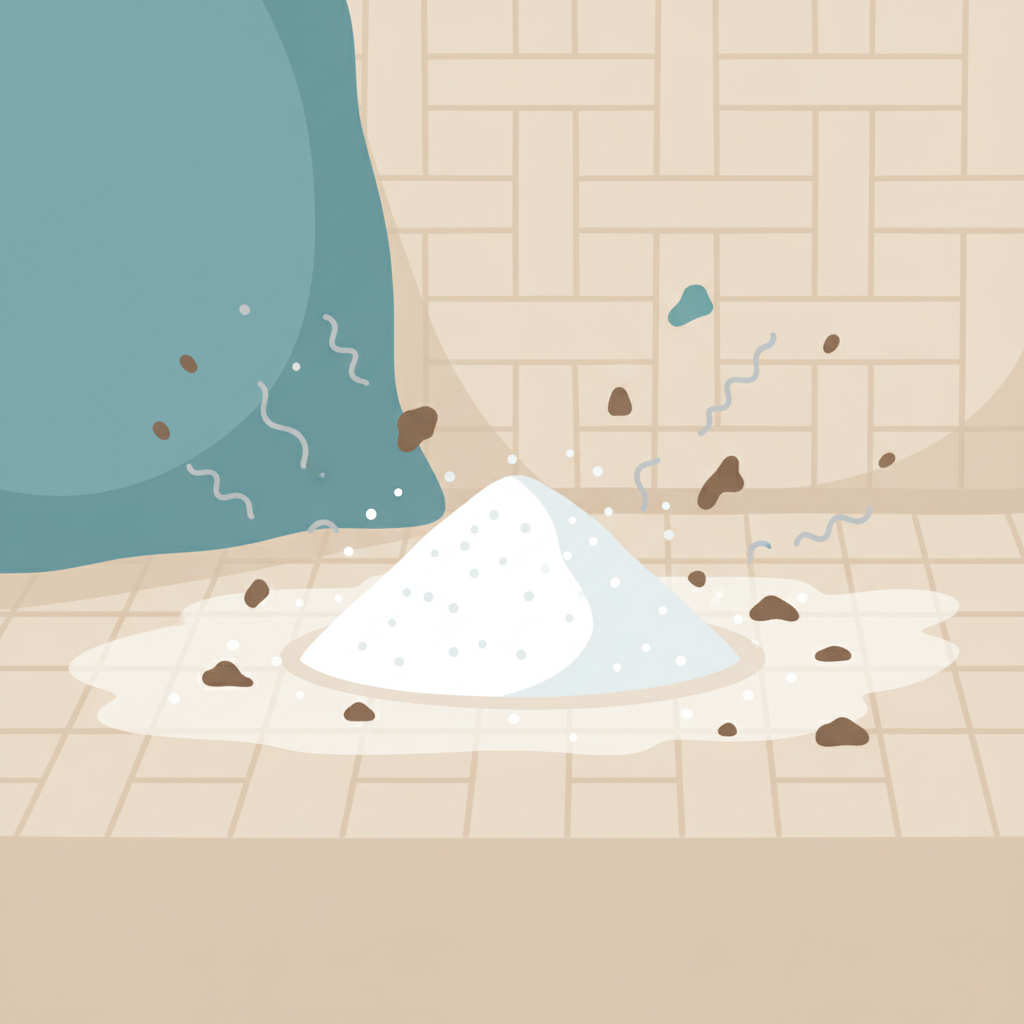 A stylized, flat illustration depicting the concept of baking soda's cleaning power on a sofa. In the center, a pile of white baking soda powder is shown on a light-colored, abstract fabric texture, resembling a sofa cushion. Around the baking soda, various small, abstract representations of dirt particles, grime, and odor molecules (e.g., small brown smudges, grey wisps) are visibly dissolving or being absorbed into the powder, disappearing. The overall impression is clean, simple, and effective, emphasizing natural cleansing.