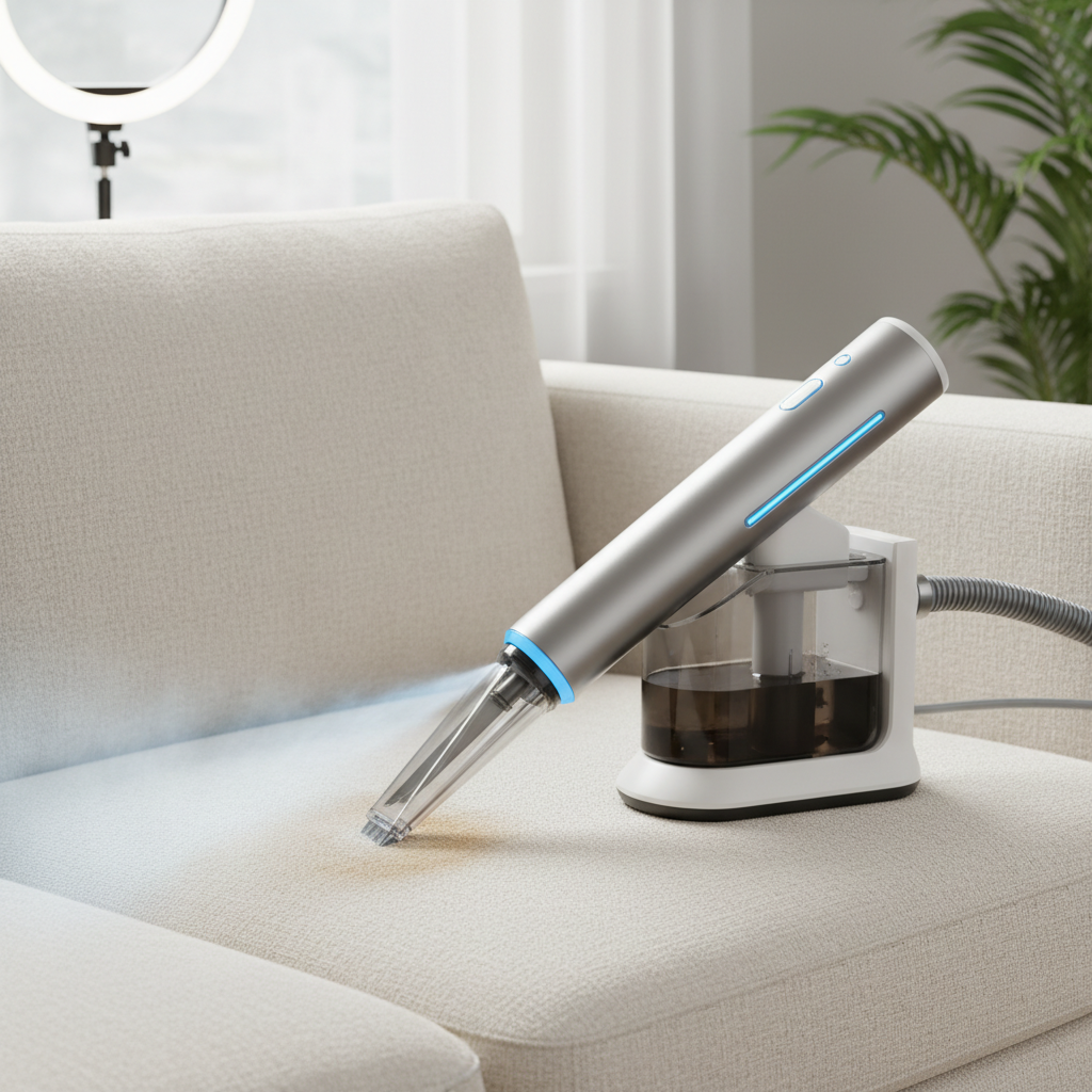 A professional photo capturing a modern, sleek sofa cleaning device in action on a light-colored fabric sofa. The device's nozzle is visibly spraying a fine mist onto a small, localized dirty spot, and simultaneously, the suction mechanism is pulling up discolored water, creating a clear visual contrast between the wet, dirty area and the already cleaned, fresh-looking fabric. Emphasize clean lines, good lighting, and a subtle representation of freshness emanating from the cleaned area, perhaps with soft, ethereal glow effects. The overall scene should convey efficiency and effectiveness.