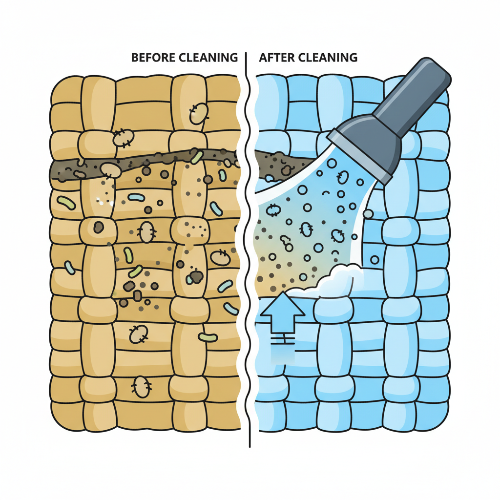 An infographic-style illustration depicting the cross-section of a fabric sofa cushion undergoing deep cleaning. On one side, before cleaning, show microscopic elements like dust mites, bacteria, and embedded dirt particles within the fabric fibers. On the other side, after cleaning, illustrate the sofa cleaning device's nozzle applying a cleaning solution that penetrates the fibers, dissolving the impurities, which are then lifted away by a powerful suction. The cleaned fibers should appear visibly refreshed and free of contaminants. Use a clear, schematic visual language with distinct 'before' and 'after' zones.