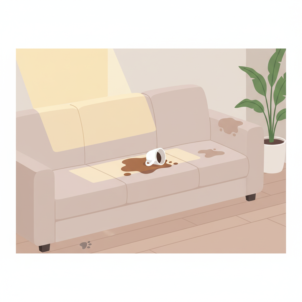 A vibrant flat illustration depicting a modern, light-colored sofa with multiple distinct areas of discoloration. On one cushion, a spilled coffee cup and dark coffee stain are visible. On another armrest, a subtle, slightly darker patch suggests body oils or sweat. A sunbeam enters from a window, highlighting a faded area on the backrest. In a corner, a small, subtle pet paw print or faint dark spot represents pet-related stains. The overall scene should be clean and bright, contrasting with the specific, isolated stain areas, emphasizing the diverse origins of the discolorations.