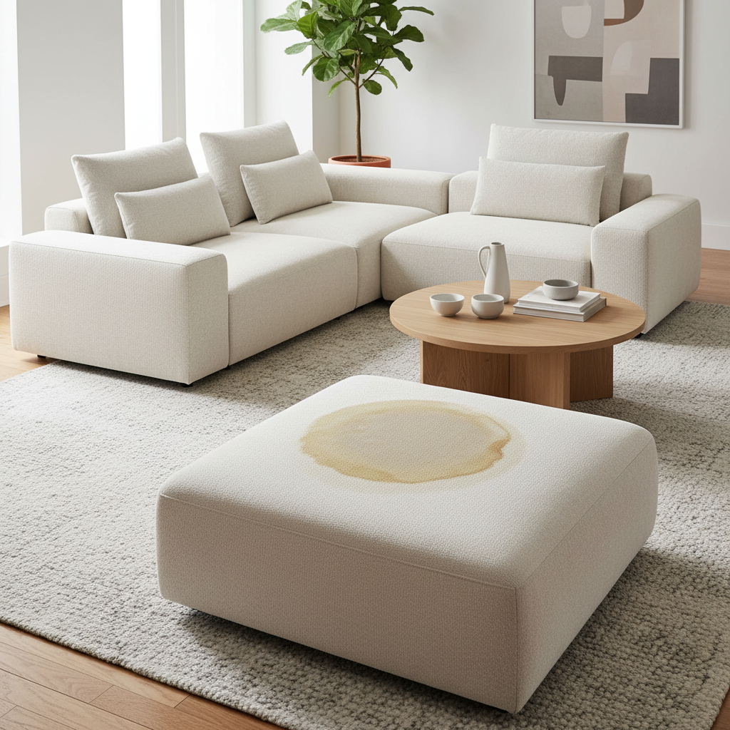 A visually appealing, professional photo showcasing a modern, light-colored sofa (e.g., beige or light grey) in a contemporary living room setting. A prominent, dried water stain, possibly with a visible ring or irregular patch, is clearly visible on one of the sofa cushions or armrests. The stain should contrast with the clean fabric, highlighting the aesthetic issue and the common problem. The overall scene should be clean and inviting, emphasizing the disruption caused by the blemish, perhaps with soft natural light.