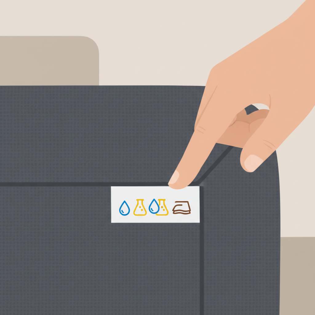 A clean, modern flat illustration depicting a close-up of a sofa fabric texture. A human hand is gently touching or pointing towards a small, stylized laundry tag emerging from the fabric seam. The tag displays universal cleaning symbols: a water droplet icon (for water-based), a solvent bottle icon (for solvent-based), a combination of both (for both), and a dry cloth icon (for dry cleaning only). Each symbol should be distinct, representing different care instructions. The background should be simple and unobtrusive, focusing attention on the material and care label details.