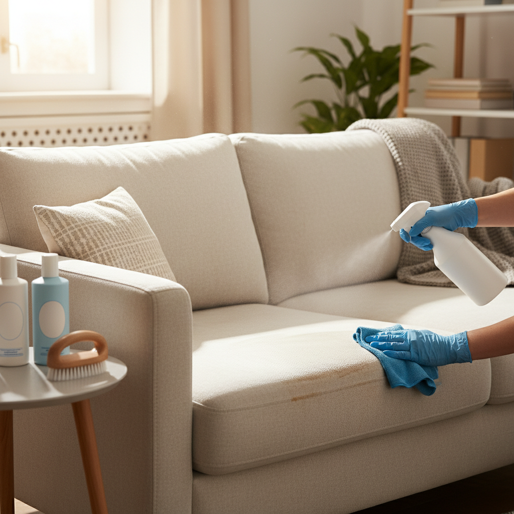 A professional photo of a cozy living room scene. A slightly soiled fabric sofa is partially cleaned. In the foreground, a person's hands are actively cleaning a section of the sofa with a spray bottle and a microfiber cloth. Nearby, on a small side table, sit a few generic, sleek cleaning product bottles (resembling typical drugstore brands) and a small soft brush. The cleaned section of the sofa appears visibly fresher and brighter compared to the still-uncleaned parts, effectively showcasing the cleaning process and its positive result. The lighting is bright and inviting.