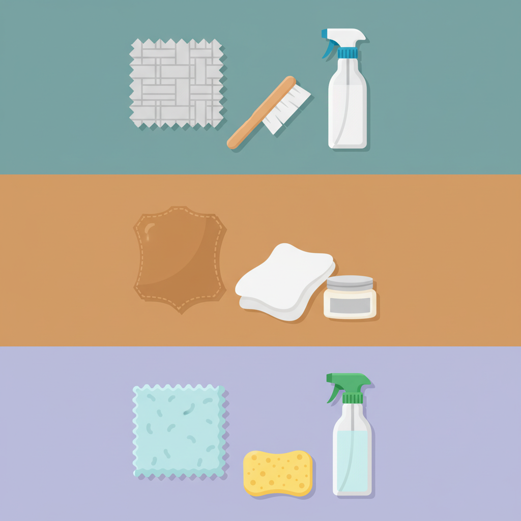 A clean, modern flat illustration divided into three distinct sections, each representing a different sofa material: textured fabric, smooth leather, and soft microfiber. Within each section, a stylized swatch of the material is depicted, accompanied by generic, simple representations of appropriate cleaning tools and products. For the fabric section, show a soft brush and a spray bottle. For the leather section, show a soft cloth and a cream bottle. For the microfiber section, show a sponge and another specific spray bottle. The arrangement is orderly and visually communicates the idea of specialized care for different materials without any text or labels.