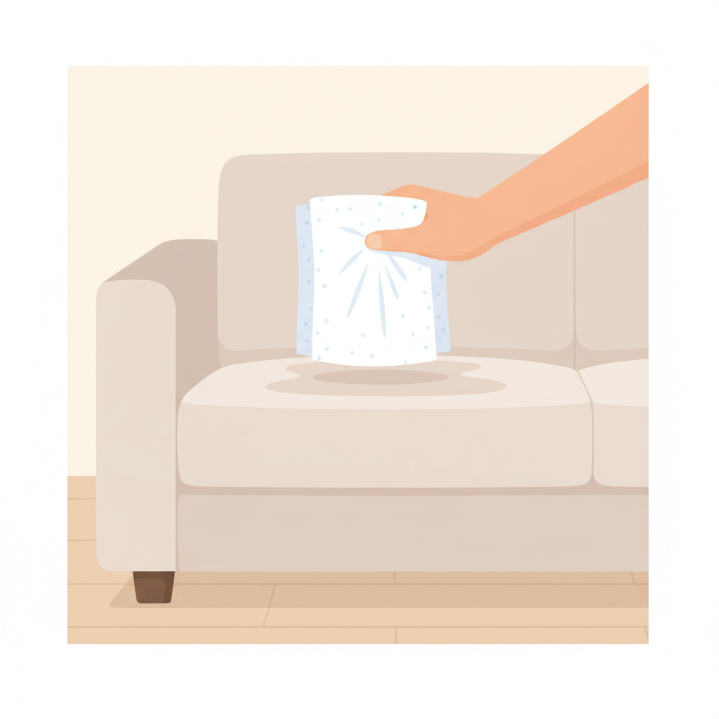 A clean, modern flat illustration depicting a light-colored sofa with a subtle, abstract wet patch. A human hand, seen from above, holds a stack of white paper towels, gently pressing down onto the wet area. The scene should convey urgency and the initial step of cleaning. The focus is on the action of blotting, showing the paper towels absorbing the liquid without explicit details of the liquid itself. The overall aesthetic should be bright and reassuring, suitable for a helpful guide.