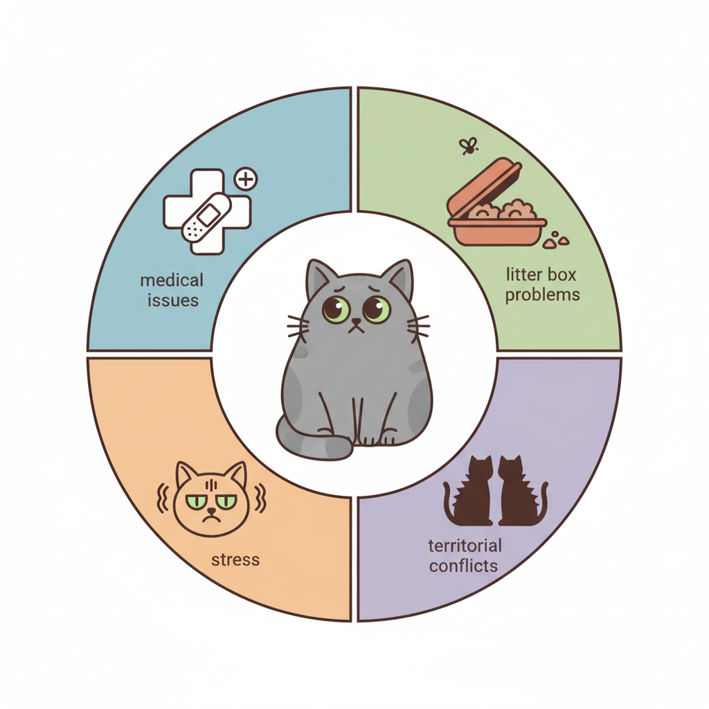 An infographic-style illustration depicting the various reasons a cat might urinate outside its litter box. The central element could be a stylized cat looking slightly distressed or thoughtful. Around the cat, several distinct icons or small vignettes represent the causes: a subtle medical cross or bandage for 'medical issues,' a simplified overflowing or dirty litter box for 'litter box problems,' a knotted brow or worried expression for 'stress,' and perhaps two abstract cat silhouettes facing away from each other for 'territorial conflicts.' The color palette should be muted but clear, with distinct sections for each cause.
