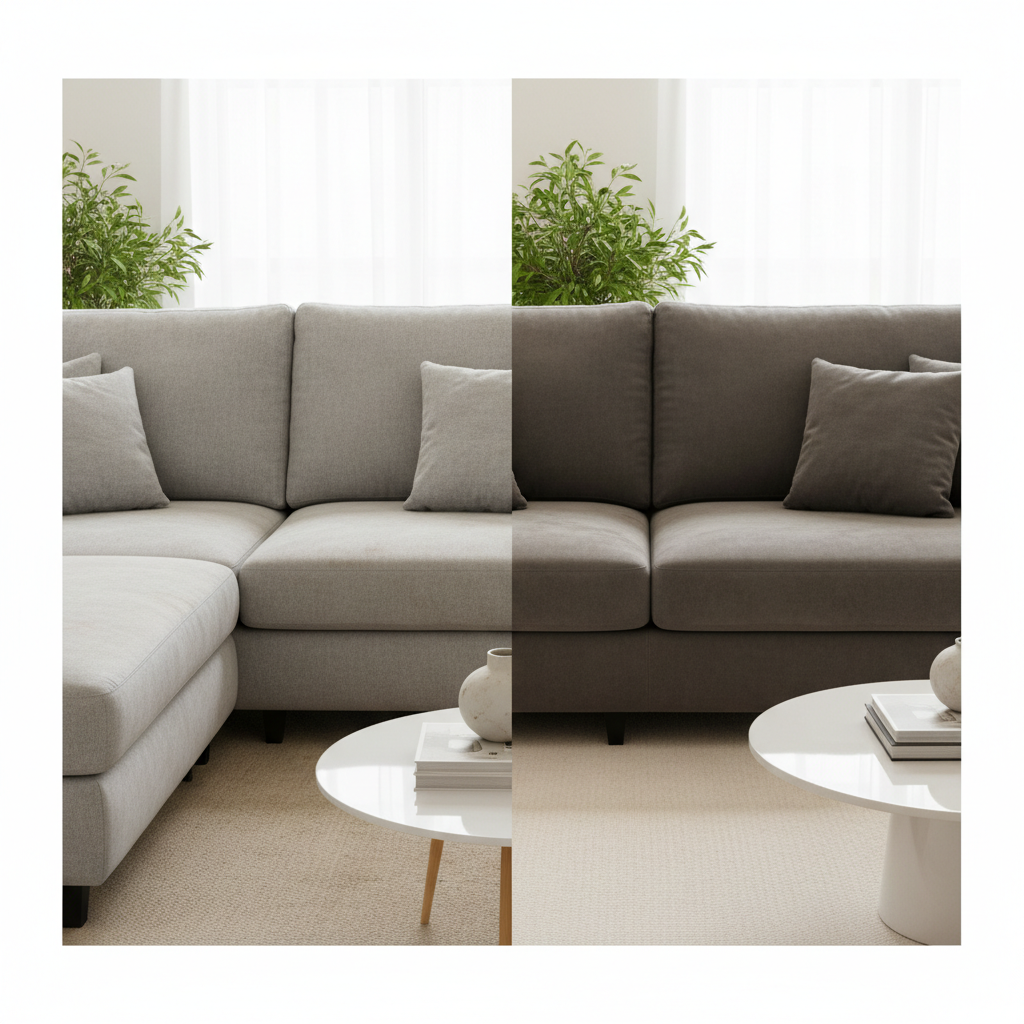 A split-scene professional photo of a modern, inviting sofa. One half of the sofa appears slightly dull, with subtle, faded stains and a hint of general wear, representing its 'before cleaning' state. The other half is visibly vibrant, clean, and plush, exuding a fresh, well-maintained look. The background is a bright, minimalist living room setting, highlighting the sofa's transformation and the positive impact on the room's ambiance. The lighting is soft and even, emphasizing the textural difference between the two halves.