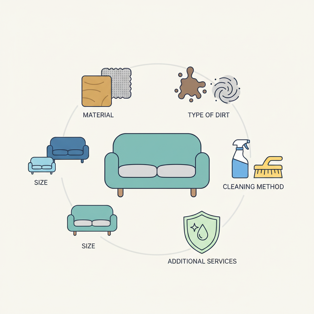 An infographic-style illustration centered around a generic, stylized sofa. Around the sofa, several distinct icons or visual elements are arranged in a circular or scattered pattern, each representing a factor influencing cleaning costs. These include: a small and a large sofa outline (size), different fabric textures like leather and textile swatches (material), a visible but abstract stain and a cloud of dust (type of dirt), a spray bottle and a dry brush (cleaning method), and a stylized shield or sparkle (additional services like impregnation). The overall style is clean, modern, and uses a consistent, inviting color palette to make complex information easily digestible visually.