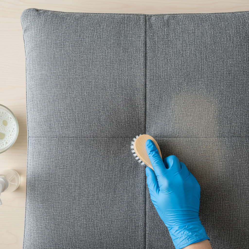 A close-up, top-down view of a modern fabric sofa cushion being cleaned. One section of the cushion appears visibly cleaner and brighter, while an adjacent section shows faint dust or a subtle stain, illustrating a 'before and after' effect. A person's hand, possibly gloved, is gently scrubbing the fabric with a cleaning brush or a microfiber cloth. Nearby, a small bowl of cleaning solution and a spray bottle are subtly visible. The scene conveys a sense of thoroughness and care. Professional, bright, and clean product photography style.