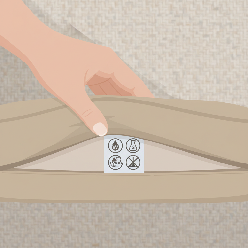 A detailed illustration focusing on the care label of a fabric sofa. A hand is gently pulling back a sofa cushion or looking underneath to reveal a small, white fabric care label with distinct symbols. The symbols represent different cleaning instructions like 'W' for water, 'S' for solvent, 'W/S' for both, and 'X' for vacuuming only. The background offers a soft-focus hint of the sofa's textured fabric. The style should be a clean, modern flat illustration with a soft, inviting color palette, emphasizing clarity and instructional guidance.
