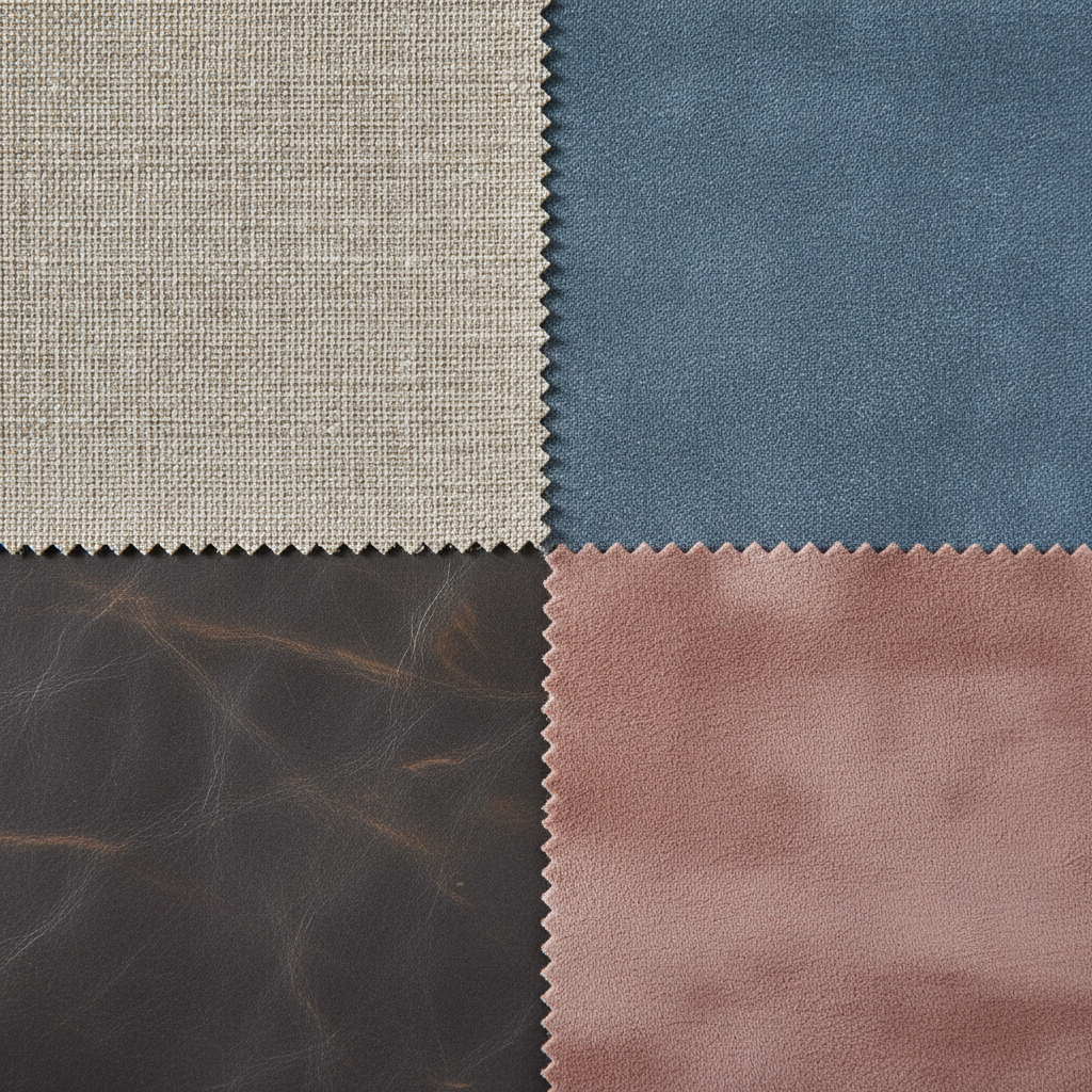 A professional, clean, macro photo style illustration depicting a curated collection of distinct sofa material swatches. Show a richly textured fabric swatch (like woven linen or chenille), a smooth, slightly glossy leather swatch, a soft, fuzzy suede or nubuck swatch, and a uniform, slightly reflective microfiber swatch. The swatches should be arranged aesthetically, perhaps overlapping slightly or in a grid, emphasizing their unique textures and finishes, highlighting the diversity of sofa upholstery. The lighting should be soft and even, accentuating the material details.
