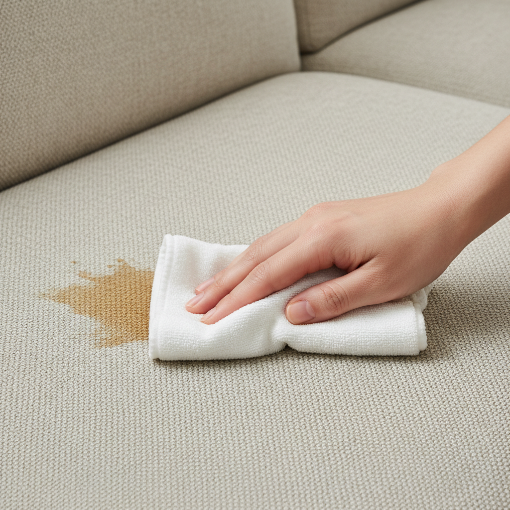 A bright, realistic, and clean professional photo illustrating the gentle spot cleaning of a fabric sofa. A close-up shot focuses on a human hand carefully dabbing a fresh, dark spill (like coffee or red wine) on a light-colored, upholstered fabric sofa. The hand holds a slightly damp, white microfiber cloth, applying gentle pressure in a tapping motion. The sofa fabric texture should be clearly visible, showing the fibers, and the area around the stain should appear clean. The scene conveys care and precision in stain removal.