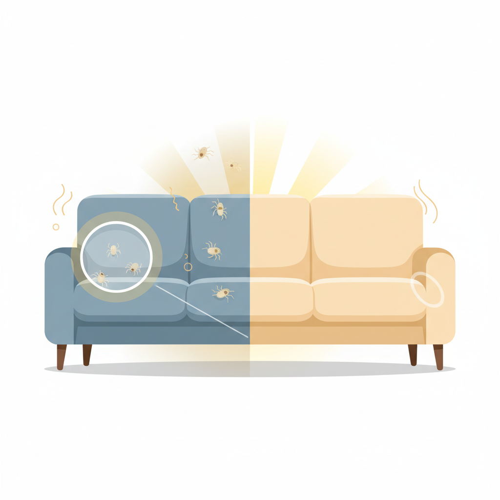 A vibrant, flat illustration depicting a sofa in a domestic setting, conceptually split to show two contrasting states. On one side, a magnified, abstract representation of microscopic dust mites (tiny, stylized, almost invisible spider-like forms) clinging to sofa fabric fibers, with subtle, stylized indicators of irritation like faint wavy lines or a slightly muted color palette. The other side shows the same sofa looking impeccably clean, fresh, and inviting, bathed in bright, warm light, conveying a sense of hygiene and well-being. Use a clean, modern color palette.