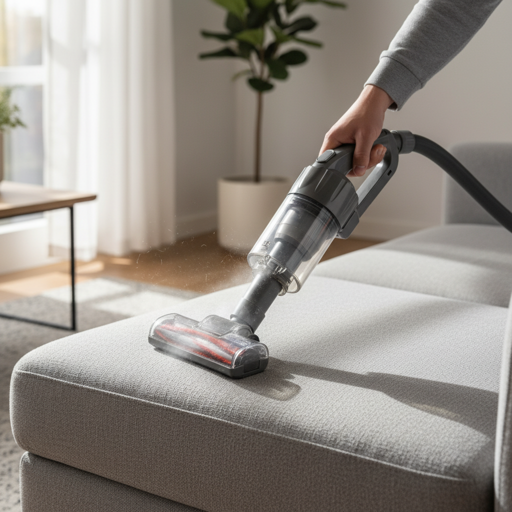 A professional, dynamic photograph capturing a person diligently vacuuming a modern fabric sofa in a sunlit living room. The focus is on the action of cleaning and the specialized tools. A human hand, holding a vacuum cleaner with a visible upholstery attachment, is actively moving across the sofa's surface, particularly a cushion or armrest. A subtle visual effect, like very fine, almost invisible particles being drawn into the vacuum's nozzle, enhances the impression of deep cleaning and the removal of unseen allergens. The sofa appears well-maintained, and the overall atmosphere is one of active home care.