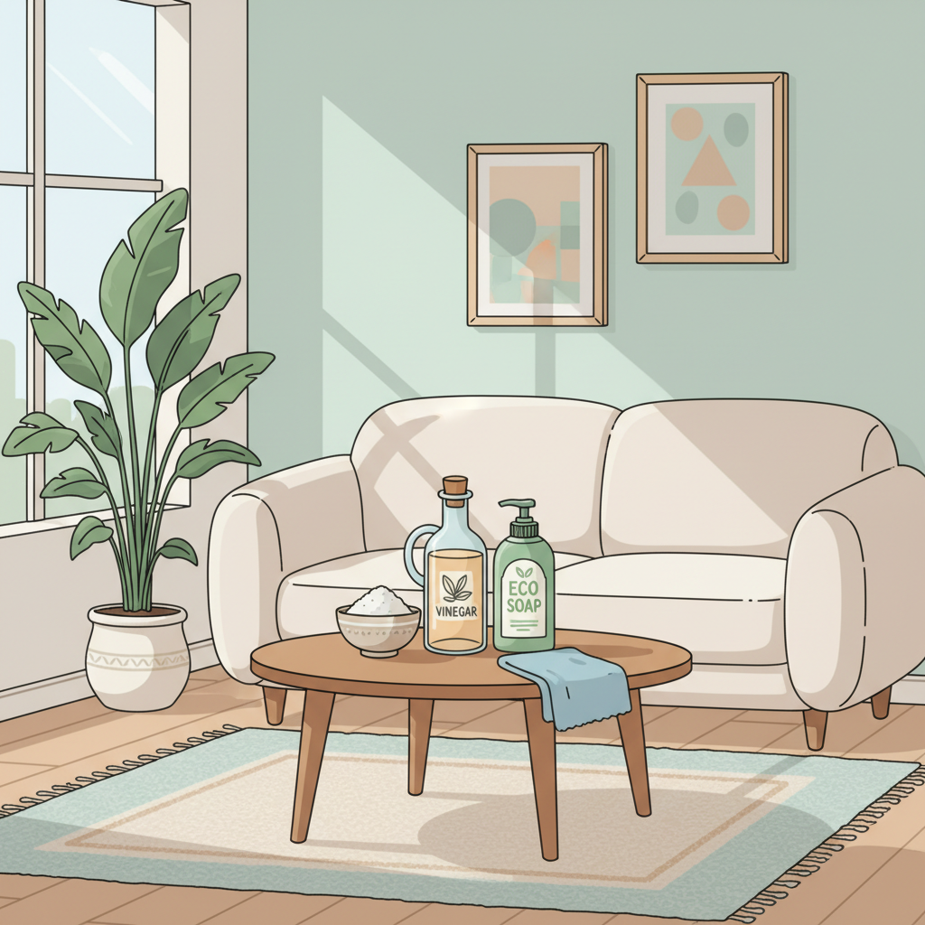 A flat illustration depicting a cozy living room scene with a modern, light-colored sofa as the focal point. Arranged neatly on a low table or directly on the floor around the sofa are common household cleaning items: a small bowl of white baking soda, a clear bottle of vinegar, a bottle of eco-friendly dish soap, and a soft cleaning cloth. The scene is bright, clean, and inviting, emphasizing the simplicity and accessibility of using these everyday items for sofa cleaning. The style should be minimalist, with soft colors and clear outlines, conveying an atmosphere of freshness and ease.