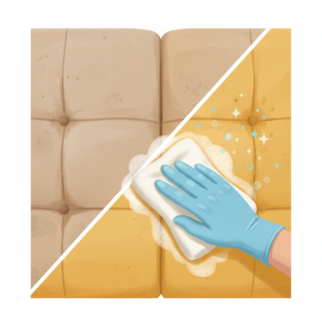 A close-up, stylized illustration of a sofa's fabric, visually divided to show a 'before and after' effect. On one side, the fabric appears slightly dull or muted, representing accumulated dirt, while the other side is noticeably brighter, fresher, and vibrant. A clean, gloved hand is gently wiping the transitioning area with a soft cloth, perhaps with a subtle, foamy texture. Small, ethereal 'sparkle' or 'freshness' icons subtly emanate from the clean section, symbolizing renewal. The overall style is clean and infographic-like, using soft textures and contrasting brightness to highlight the cleaning transformation.