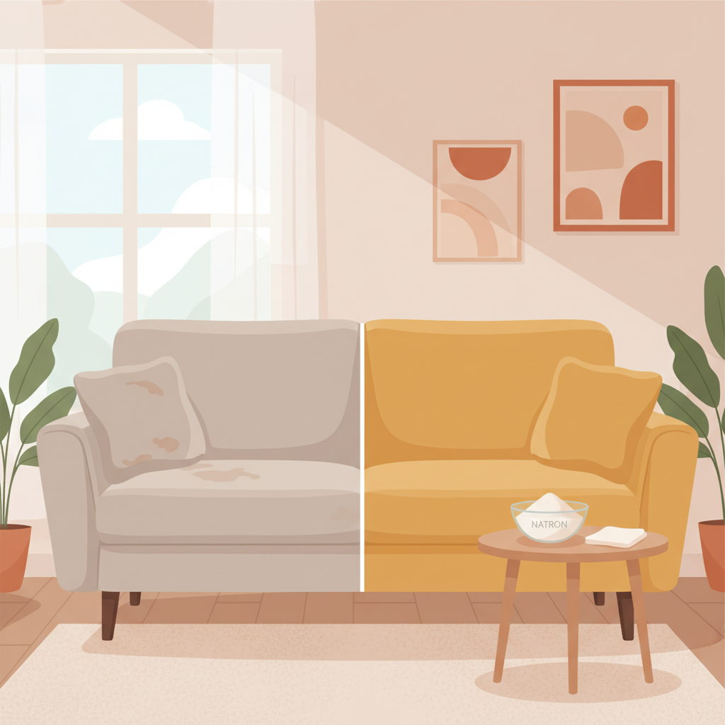 A comfortable, modern sofa in a bright living room. One half of the sofa cushion and armrest appears dull, slightly stained, and worn, representing the 'before' state. The other half is visibly vibrant, clean, and fresh, showing the 'after' effect of cleaning. In the foreground, on a small wooden side table or on the floor next to the clean side of the sofa, a simple glass bowl filled with white powder (Natron) is placed, alongside a soft brush or a clean microfibre cloth. The overall scene should convey a sense of transformation, ease, and domestic comfort. Flat illustration style with a warm, inviting color palette.