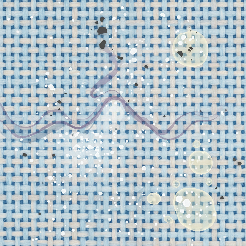 An abstract, close-up infographic-style illustration demonstrating the multi-faceted cleaning action of Natron on a sofa fabric. The background shows a magnified texture of woven sofa fabric. White, granular particles (representing Natron) are actively shown interacting with different types of stylized impurities: small, dark, irregular shapes (dirt/grime), wavy lines (odors), and translucent blobs (grease). The Natron particles are depicted either absorbing, dissolving, or neutralizing these impurities, resulting in a cleaner, fresher fabric. The overall image should be clean, precise, and convey scientific effectiveness in an easily understandable visual metaphor.