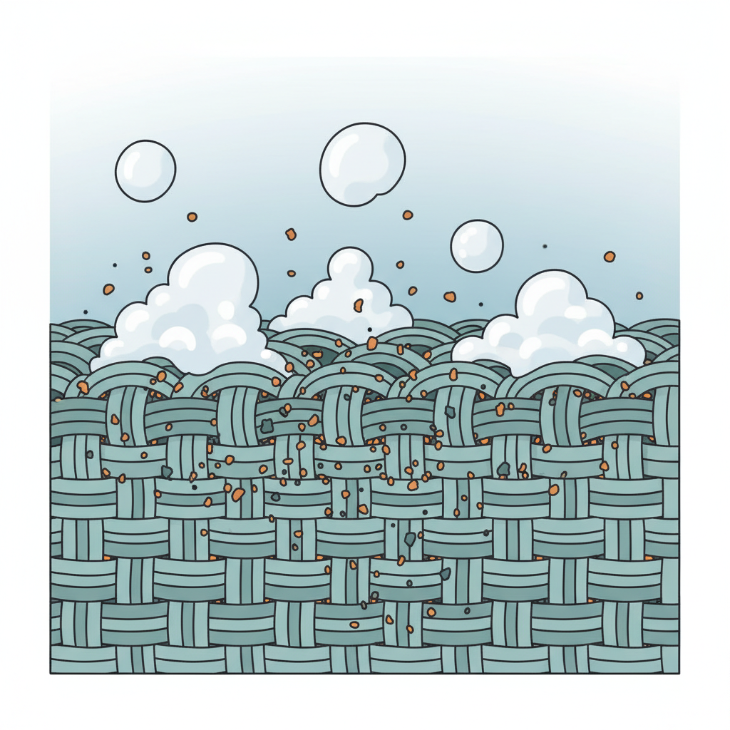 A clean, modern infographic-style illustration depicting a stylized microscopic view of sofa fabric. The image shows a cross-section of fabric threads, with small, abstract 'dirt' particles (e.g., brownish specks) visibly embedded between the fibers. White, foamy spheres or bubbles, representing shaving foam, are illustrated actively penetrating the fabric structure, surrounding and lifting the 'dirt' particles upwards towards the fabric surface. The overall impression should be a clear, simple visual explanation of how the foam works to dislodge and remove embedded grime from upholstery fibers.