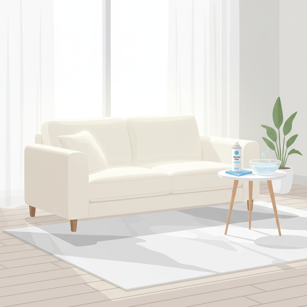 Flat illustration depicting a perfectly clean, inviting fabric sofa in a modern, minimalist living room setting, radiating a subtle glow or 'freshness' effect. Adjacent to the sofa, on a clean side table, are the simple cleaning tools: a sleek can of white shaving foam, a soft, damp cleaning cloth, and a small, clear bowl of water. The overall scene conveys a sense of cleanliness, ease, and successful rejuvenation, emphasizing the article's promise of transforming a soiled sofa into a fresh centerpiece.