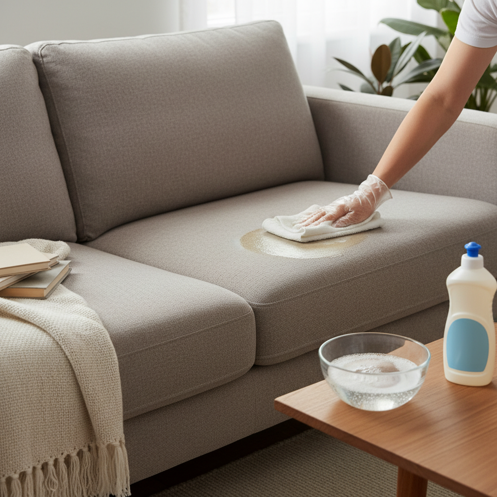 A professional photo depicting a cozy, inviting living room scene with a modern fabric sofa. A small, subtle stain, like a light coffee ring or general grime, is visible on one section of the upholstery. A pair of hands, with discreet protective gloves, is gently dabbing the stained area with a white microfiber cloth, visibly damp with a light, foamy solution. Nearby, a simple clear bowl containing the soapy water and a generic bottle of liquid dish soap are placed. The cleaned patch should appear distinctly fresher and brighter, highlighting the effective cleaning action.