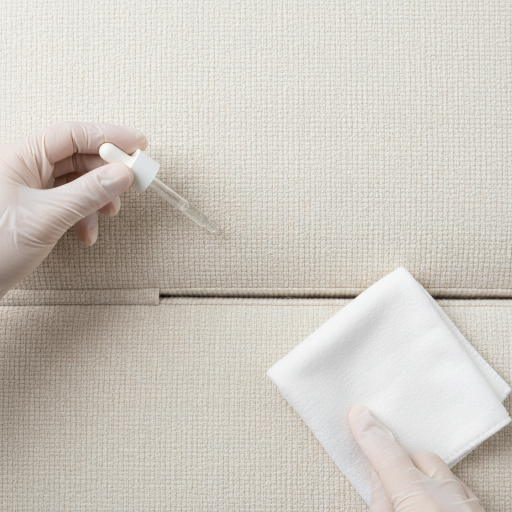 A bright, clean overhead shot focusing on a section of a textured fabric sofa, showcasing its material fibers. A hand, possibly in a light glove, is carefully performing a 'spot test' on an inconspicuous area, such as the underside of a cushion or a hidden seam. A tiny, almost invisible drop of a clear, diluted soapy solution is being applied with precision from a small dropper or the corner of a clean white cloth onto the fabric. The image should convey caution and preparation, emphasizing the material test before full cleaning, with no visible damage or discoloration.