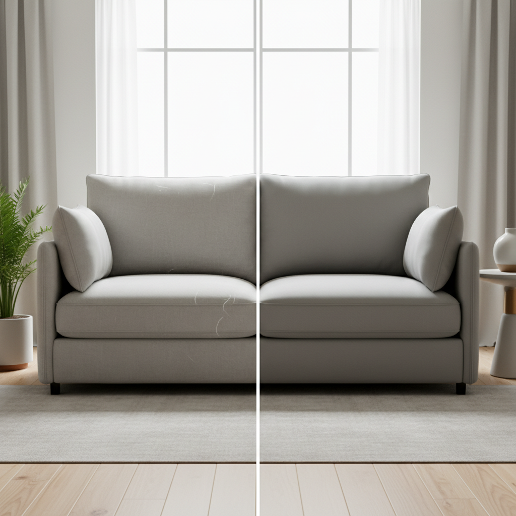 A professional, brightly lit split image showcasing a comfortable modern sofa in a clean, inviting living room setting. One half of the sofa appears slightly soiled with minor, subtle stains, dust accumulation, and perhaps a few strands of pet hair, looking somewhat dull. The other half is impeccably clean, vibrant in color, plump, and incredibly inviting, exuding a sense of freshness and pristine hygiene. The focus is on the striking visual contrast and the undeniable appeal of a well-maintained piece of furniture.