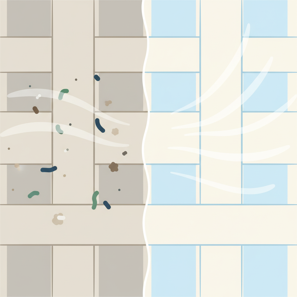 A detailed, infographic-style illustration depicting a magnified cross-section of a sofa's upholstery fabric. On one side, minuscule, abstract representations of dust mites, bacteria, and dust particles are subtly intertwined within the fabric fibers, symbolizing the 'unseen' contaminants. The other side of the cross-section features clean, pristine fibers, with gentle, radiating lines subtly indicating freshness and purity. The illustration uses a clean, modern color palette with soft, clear distinctions between the soiled and clean areas, emphasizing hygiene and deep cleaning.
