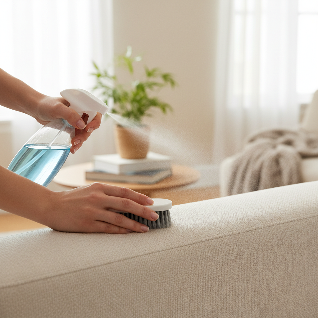 A vibrant, professional close-up photo of hands actively cleaning a contemporary, light-colored fabric sofa. One hand uses a specialized fabric brush or sponge to gently scrub a small, subtle stain, while the other hand holds a sleek spray bottle with a fine mist. The sofa fabric appears visibly cleaner and fresher in the treated area, implying an effective cleaning process. The background is a softly blurred, cozy living room environment with bright, natural lighting, conveying a sense of accomplishment and a refreshed home.