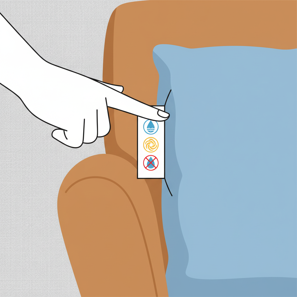 A clean, modern illustration depicting the concept of sofa material identification and care. A stylized hand is gently pulling out or pointing to a care label attached to the underside of a sofa cushion. The label is visually prominent and features abstract, universal visual indicators for cleaning methods, such as a water droplet symbol (representing water-based cleaning), a swirly cloud symbol (for solvent-based), and a crossed-out water droplet symbol (for dry cleaning only). The background subtly transitions between distinct sofa textures like woven fabric, smooth leather, and soft micro-suede, implying diverse material types. The illustration uses a bright, inviting color palette, emphasizing clarity and guidance.