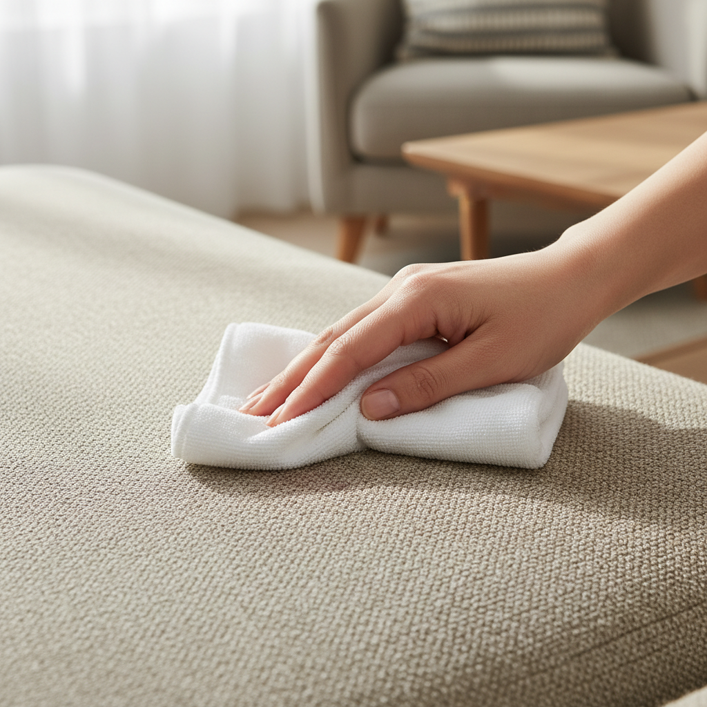 A professional, bright photo featuring a close-up on a modern fabric sofa. A hand holding a clean, white cloth is gently blotting a fresh, small red wine stain on the upholstery. The focus is on the delicate dabbing motion, emphasizing 'not rubbing.' The sofa fabric should show soft texture and fibers, and the lighting should be natural and inviting, highlighting the careful, immediate action of stain removal. The scene conveys care and effectiveness in an accessible home environment.