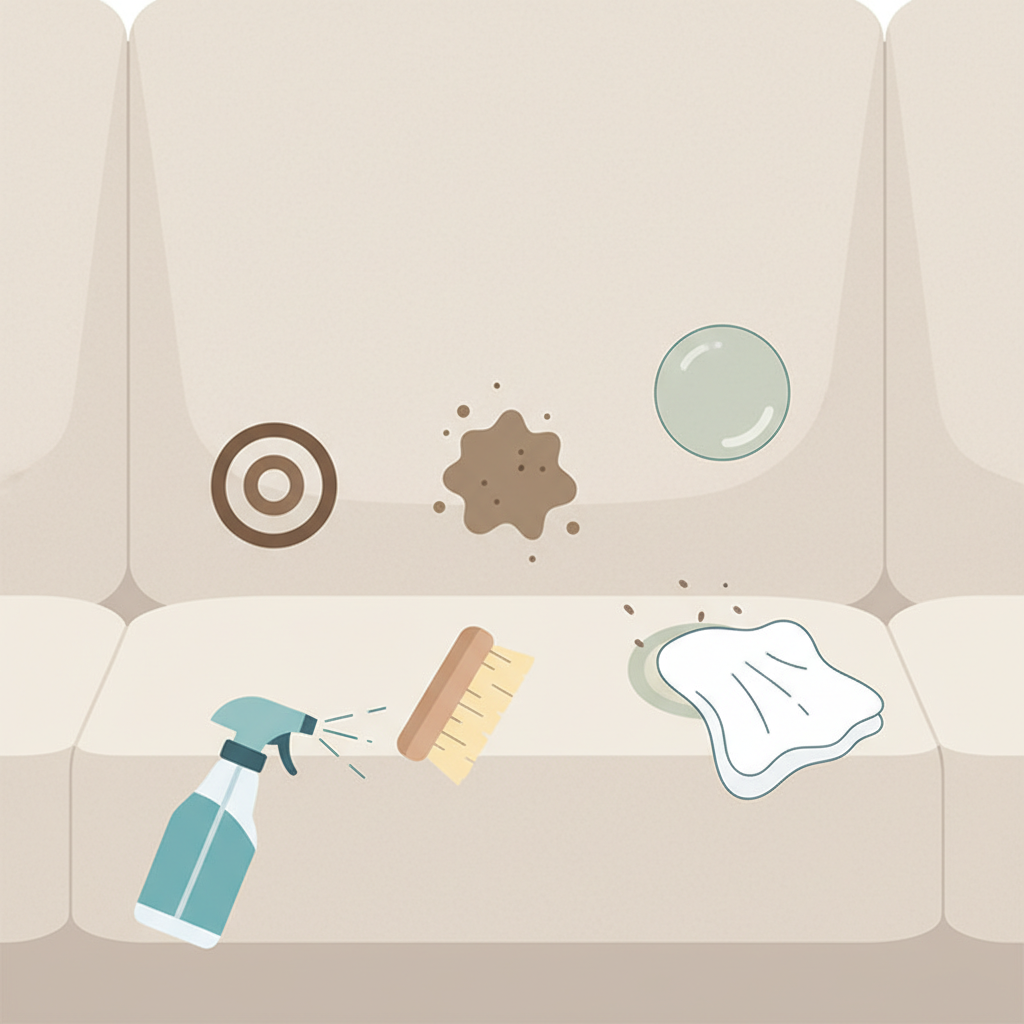 A clean, modern flat illustration depicting a stylized sofa surface. Various common stain types (e.g., a coffee ring, a small mud splatter, a grease spot) are visually represented as small, distinct symbols. Around these symbolic stains, generic cleaning tools like a spray bottle, a soft brush, and a clean cloth are positioned as if actively working to make the stains disappear. The illustration uses a light color palette, conveying a sense of easy and effective cleaning, and the restoration of freshness.