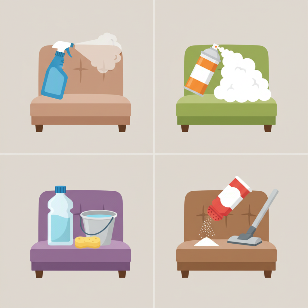 A detailed flat illustration depicting the variety of sofa cleaners available. The image features four distinct sections, each showcasing a different cleaner type: a spray bottle emitting a fine mist, a foam can releasing a generous cloud of white foam, a liquid cleaner bottle next to a diluted concentrate in a small bucket with a sponge, and a shaker spreading cleaning powder onto a surface, with a vacuum nozzle nearby. Each element is clearly identifiable and arranged in a clean, organized manner against a minimalist background, emphasizing the different forms and applications.