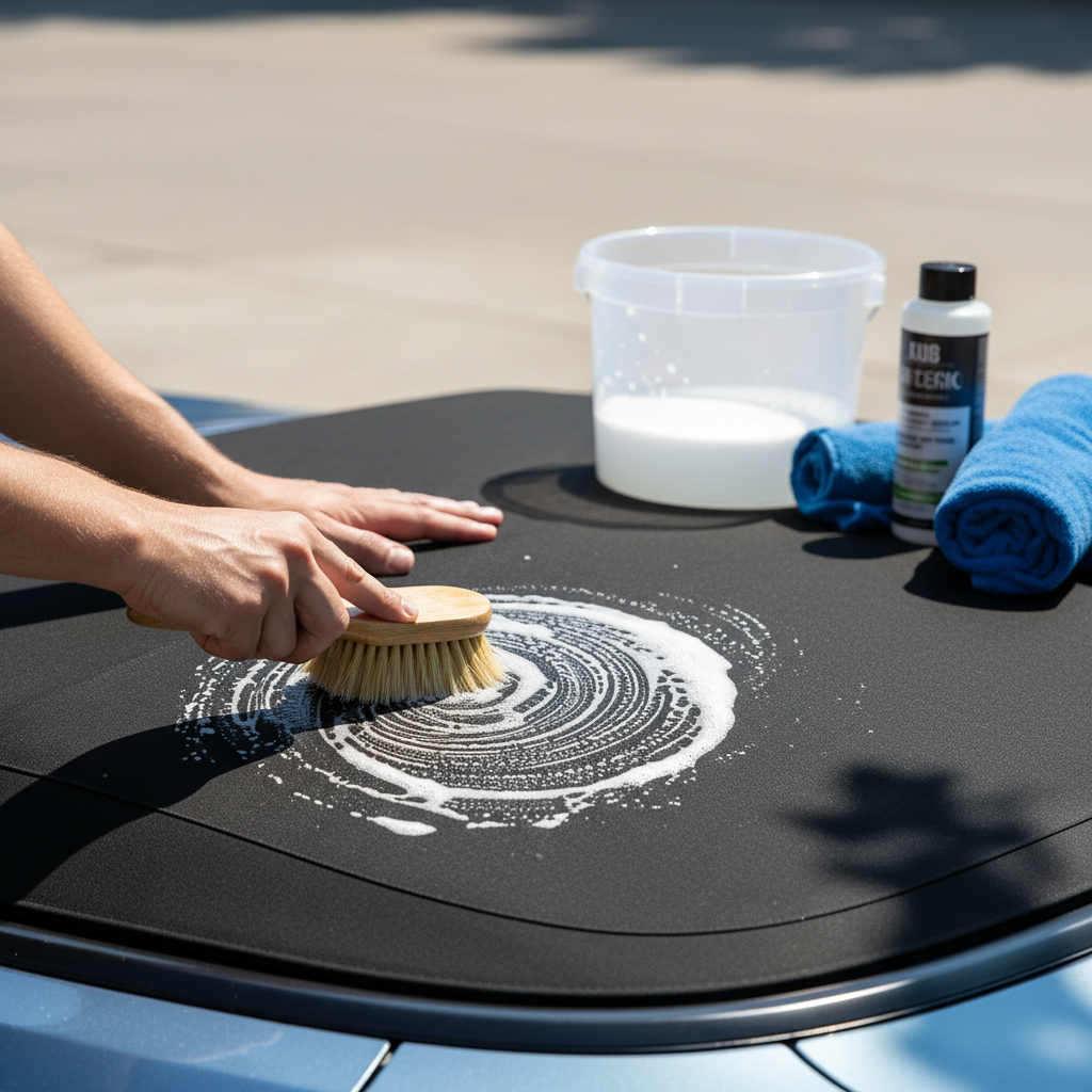 A professional, well-lit photo capturing a close-up of a person's hands carefully cleaning a dark fabric convertible soft top. The person uses a soft-bristled brush or a sponge, gently scrubbing a section of the wet soft top. Nearby, a bucket of foamy water and a bottle of specialized soft top cleaner are visible, along with clean microfibre towels. The overall image should convey careful, diligent work in a clean, outdoor setting, emphasizing the texture of the fabric and the cleaning action. The background should be slightly blurred to keep focus on the cleaning process.