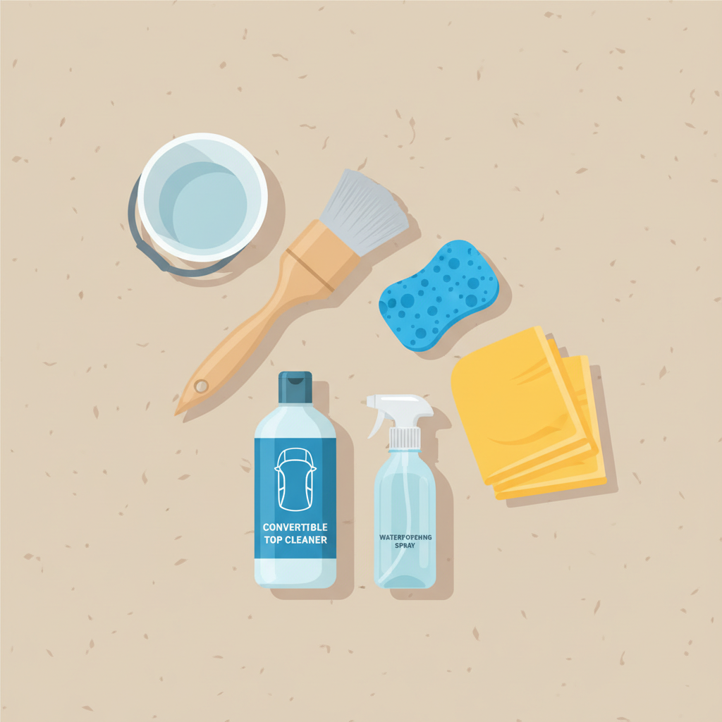 A vibrant flat lay illustration showcasing an organized collection of essential tools for cleaning a convertible soft top. The items are neatly arranged on a neutral background. Key elements include a soft-bristled brush, a yellow or blue sponge, a folded stack of clean microfiber towels, a bottle of specialized soft top cleaner, and a small, clean bucket. Optionally, a spray bottle of impregnation product can also be included. The style should be clean, modern, and easily digestible, emphasizing the readiness for a cleaning task. Bright, inviting colors are preferred.