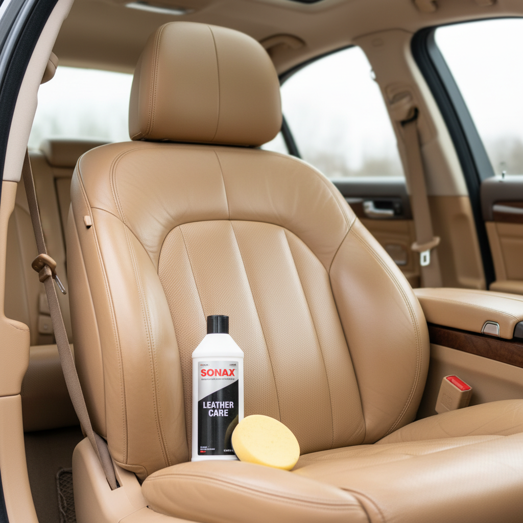 A professional, high-detail photo capturing a luxurious car interior. Focus on a tan or black leather car seat, clearly showing a 'before and after' effect. One side of the seat appears slightly worn, dull, or with minor blemishes, while the other side is noticeably rejuvenated, supple, and rich in color, gleaming subtly. A Sonax leather care product bottle and an applicator sponge are artfully placed in the foreground or near the treated area, implying the care process. The lighting is soft and highlights the texture of the leather, emphasizing its restored beauty.