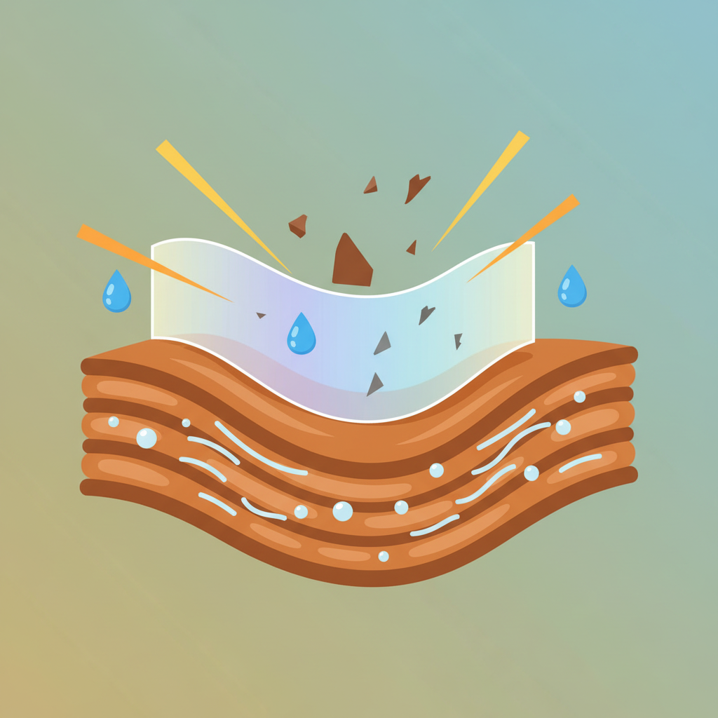A vibrant, modern flat illustration depicting a cross-section of leather being nurtured and protected. The illustration should show a healthy, supple leather layer with visible moisture and conditioning elements penetrating its fibers. Above the leather, a conceptual, invisible shield or barrier deflects common environmental aggressors like stylized sun rays, abstract dirt particles, and small water droplets. The overall impression is one of deep care, protection, and preservation of the leather's natural integrity and longevity, using a clean, appealing color palette.