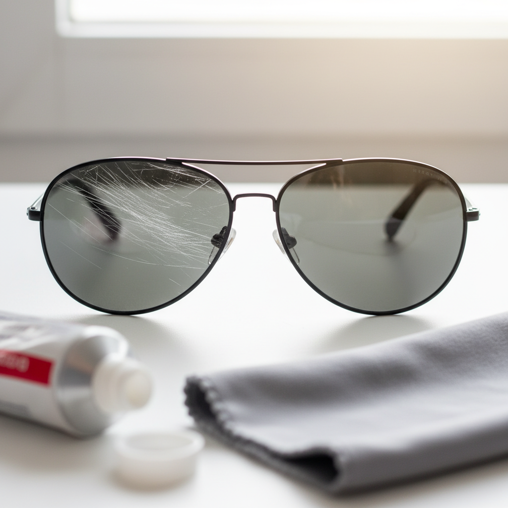 A close-up professional photo of a stylish pair of dark-lensed sunglasses. The left lens is visibly marred with several fine, distracting scratches that catch the light, while the right lens is perfectly clear and pristine, reflecting a soft, warm light. In the soft-focus foreground, a tube of white, non-gel toothpaste and a clean, folded microfiber cloth are subtly placed, hinting at a solution. The lighting is bright and clean, emphasizing the contrast between damaged and repaired.