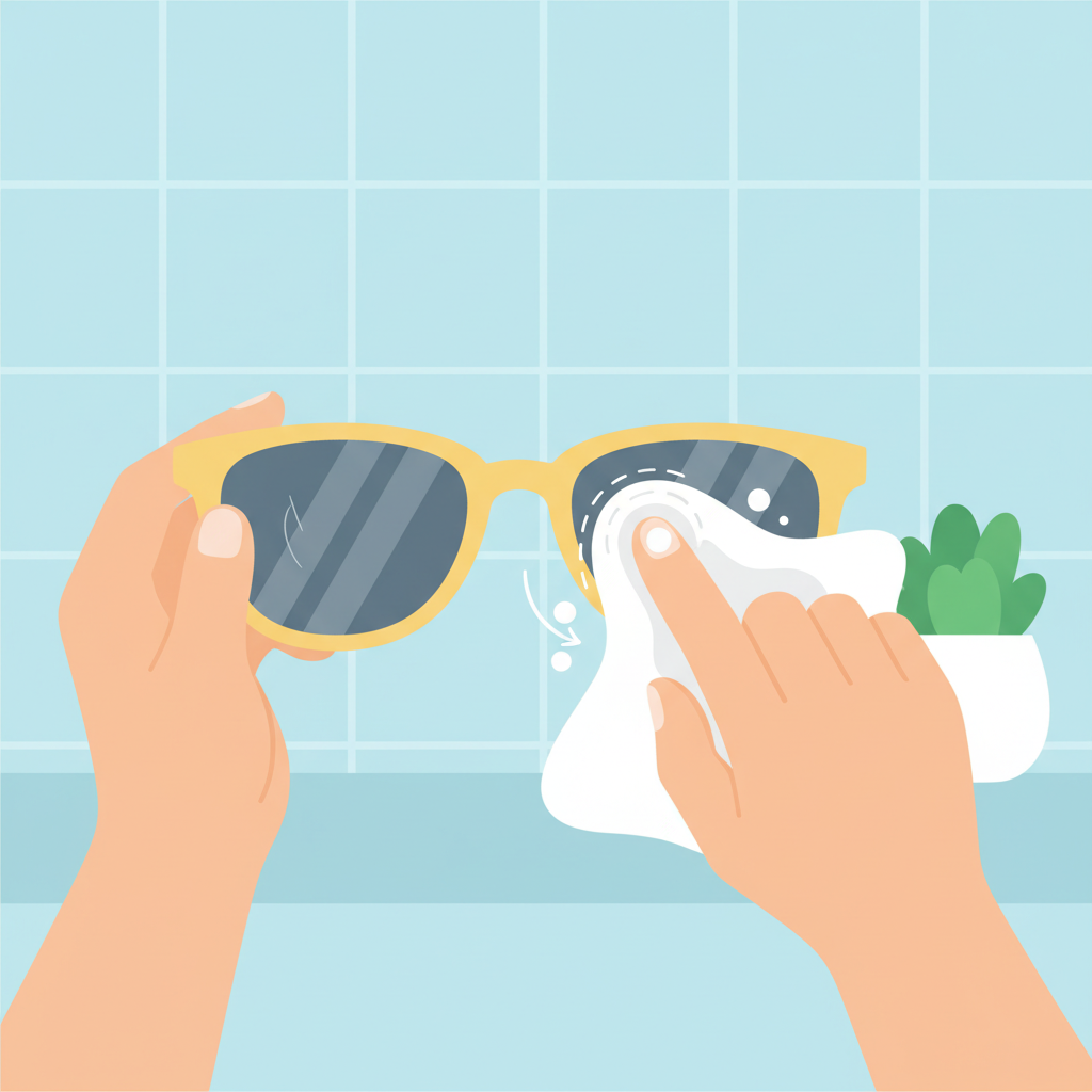 A vibrant flat illustration depicting the process of cleaning sunglasses lenses. A pair of hands, with short, neat fingernails, gently holds a pair of sunglasses. One hand stabilizes the frame, while the index finger of the other hand, covered with a soft, white cloth, is applying a tiny, pearl-sized dab of white toothpaste and gently rubbing it in a small, circular motion on a lens, where a faint scratch is visually implied. The background is simple and clean, evoking a domestic setting.