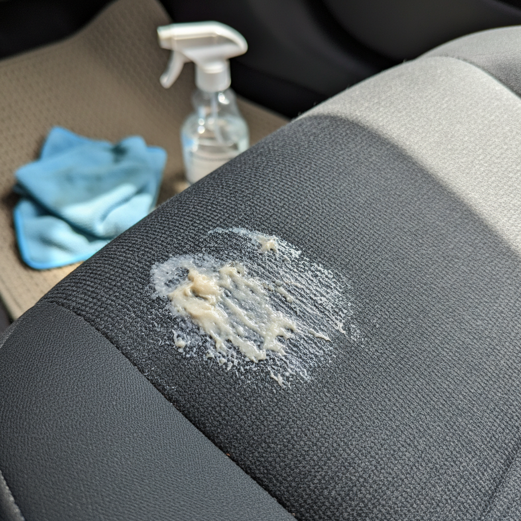 A close-up, high-definition photograph of a car's interior, focusing on a specific area of fabric upholstery (e.g., a car seat). A noticeable, slightly greasy and off-white sunscreen stain is clearly visible on the fabric. The surrounding area is clean, emphasizing the stain as the problem. In the blurred background, out of focus, a couple of cleaning tools like a folded microfiber cloth and a small spray bottle are subtly present, hinting at the solution. The lighting is bright and natural, capturing the texture of the fabric. Style: Realistic professional photo.