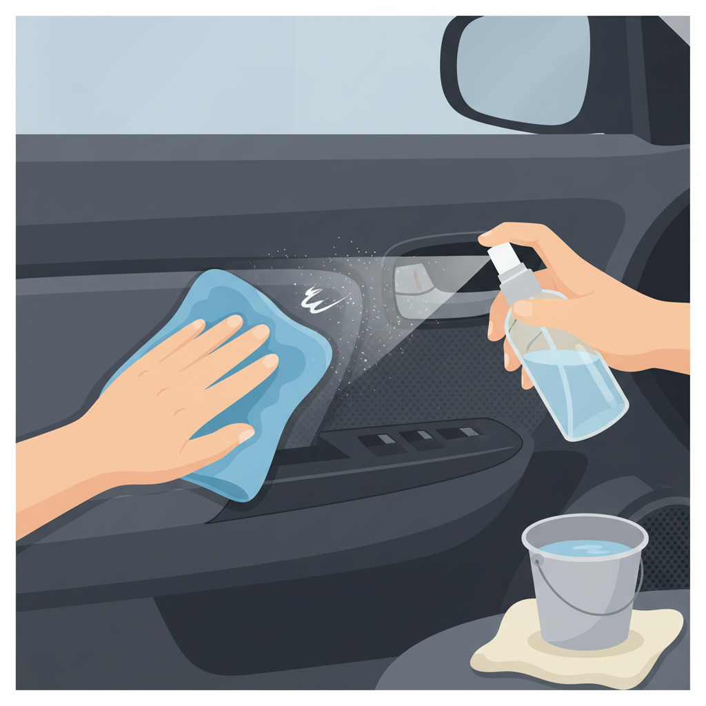 An eye-level illustration depicting the step-by-step process of cleaning a sunscreen stain from a car's dashboard or a car door panel made of black plastic. One hand is gently wiping a small, oily sunscreen mark with a soft, damp microfiber cloth. Another hand holds a small spray bottle, with a fine mist visible around the area being cleaned. The focus is on the action of cleaning, showing precision and care. A small, clean bucket with water is visible in the corner. Style: Detailed, clean flat illustration with a soft color palette.