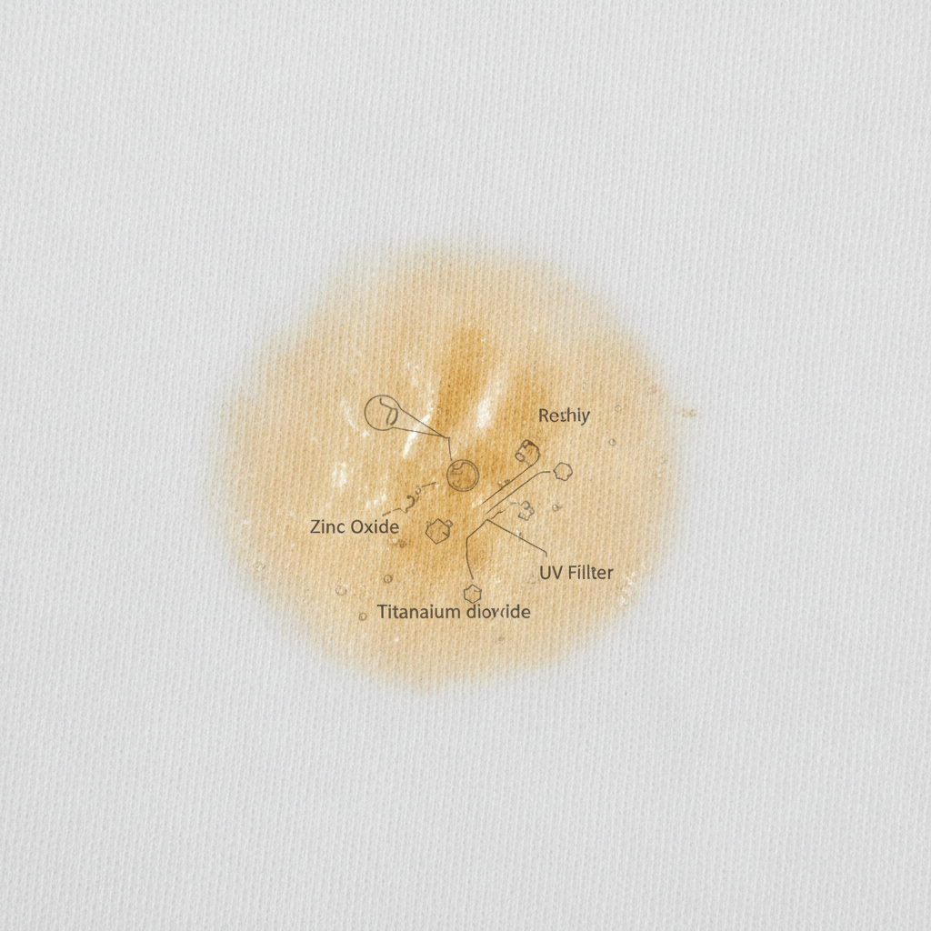 A highly detailed, macro-photography style image of a pristine white t-shirt fabric. A prominent, slightly yellowish, greasy sunscreen stain is visible, showing clear penetration into the textile fibers. Within the stain area, a subtle, almost translucent scientific illustration overlay depicts simplified representations of oil droplets and tiny crystalline UV filter particles (like zinc oxide or titanium dioxide) physically interacting with the fabric threads. The surrounding white fabric is crisp and clean, creating a strong contrast with the affected area. The overall style is professional, clean, and subtly scientific, focusing purely on the visual representation of the stain and its microscopic components.
