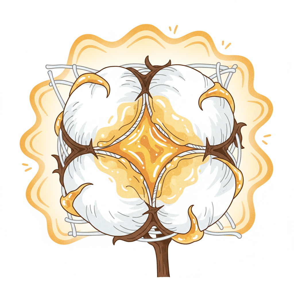 A conceptual flat illustration depicting a microscopic cross-section of a white textile fiber, perhaps a cotton strand. A thick, viscous, slightly yellow sunscreen substance is shown aggressively adhering to and deeply intertwining with the fiber's structure. Visual cues, like subtle, stylized 'hooks' or 'tendrils' extending from the sunscreen substance into the fiber, emphasize its stubborn adherence and deep penetration. A soft, warm glow or subtle heat waves in the background hints at how heat can fix these stains. The style is clean, modern, and employs a clear visual metaphor for the stain's persistent bonding to the fabric.