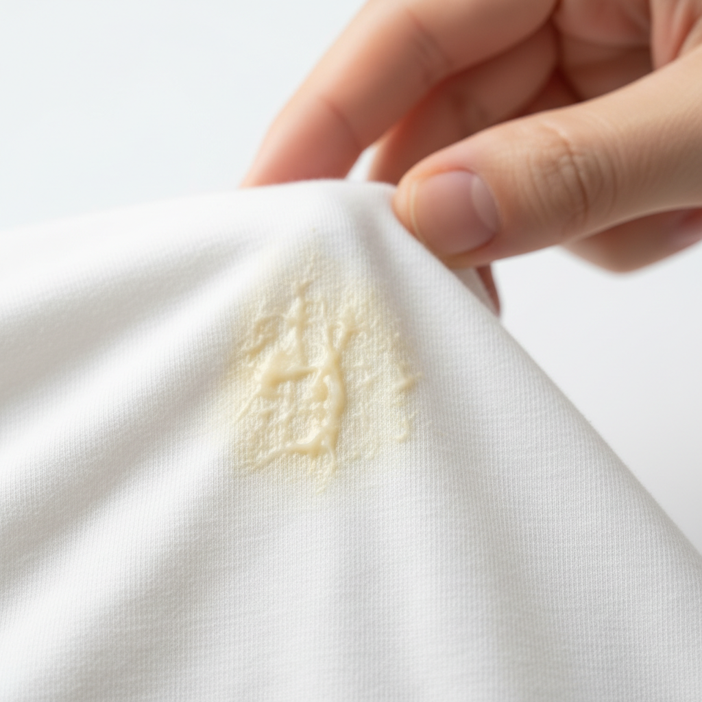 A close-up, high-key professional photo of a crisp white cotton t-shirt or linen fabric, clearly showing a stubborn, yellowish-white sunscreen stain. The stain should be prominent and look greasy or waxy, contrasting sharply with the pristine white background. A subtle, out-of-focus hand might be visible in the background, gently touching or examining the stain, conveying a sense of mild frustration or concern. The lighting should be bright and natural, highlighting the texture of the fabric and the stain's adherence, making it visually impactful for a blog article.
